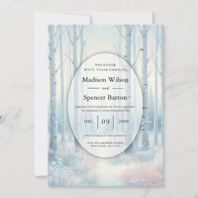 Invitación Bosque de abedul azul escarchado de boda (Anverso)