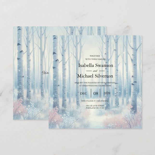 Invitación Bosque de abedul azul escarchado de boda (Anverso / Reverso)