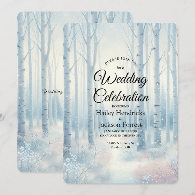 Invitación Bosque de abedul azul escarchado de boda (Anverso / Reverso)