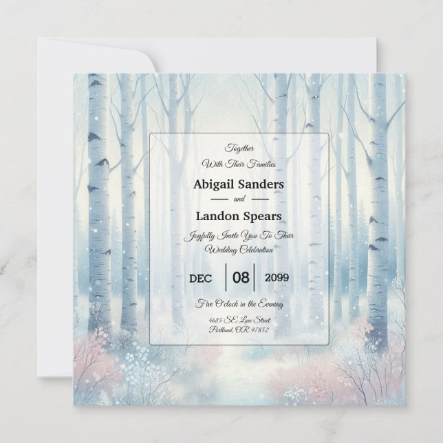 Invitación Bosque de abedul azul escarchado de boda (Anverso)