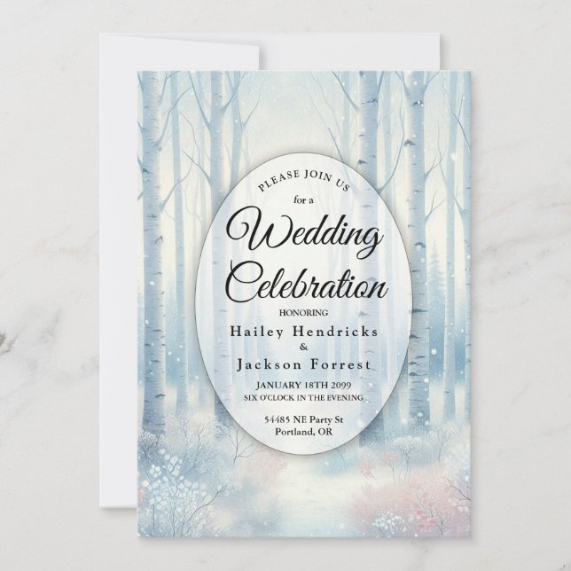 Invitación Bosque de abedul azul escarchado de boda (Anverso)