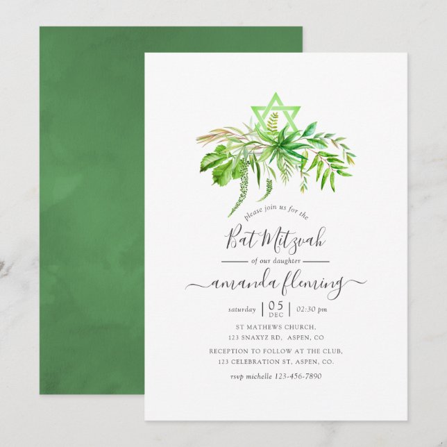 Invitación Bosque de acuarela Bat Mitzvah (Anverso / Reverso)