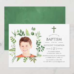 Invitación Bosque de acuarela vegetación bautizo o bautismo