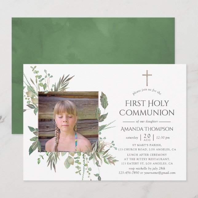 Invitación Bosque de acuarela verde primer comunión (Anverso / Reverso)
