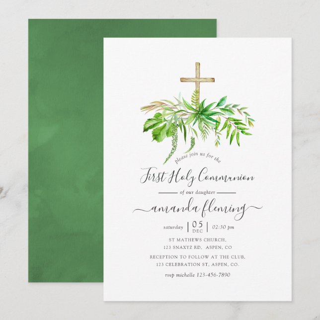 Invitación Bosque de acuarela Verde Primer Comunion (Anverso / Reverso)