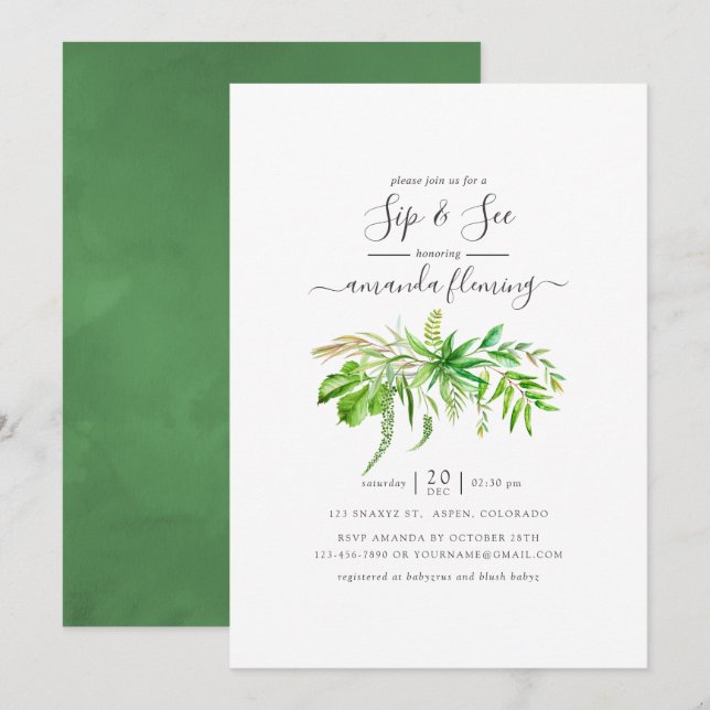 Invitación Bosque de acuarela Verde Sip y Ver (Anverso / Reverso)
