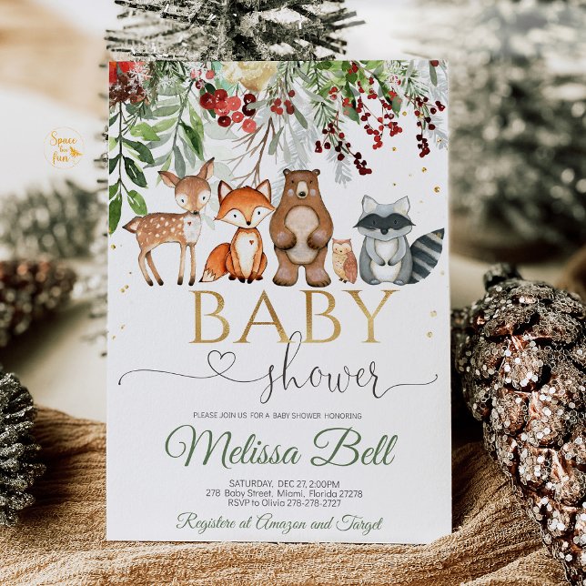Invitación Bosque de animales de bosque Baby Shower (Woodland Forest Animal Baby Shower invitation with cute forest creatures like deer, foxes, and bears)