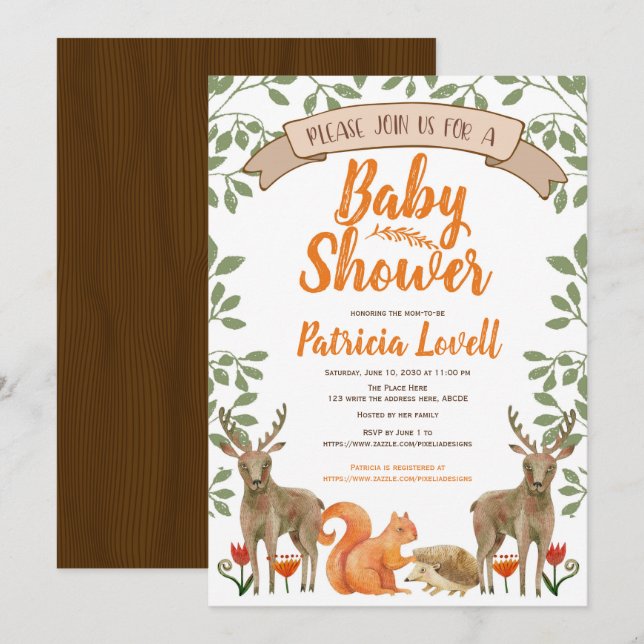 Invitación Bosque de animales de bosque Baby Shower Género ne (Anverso / Reverso)