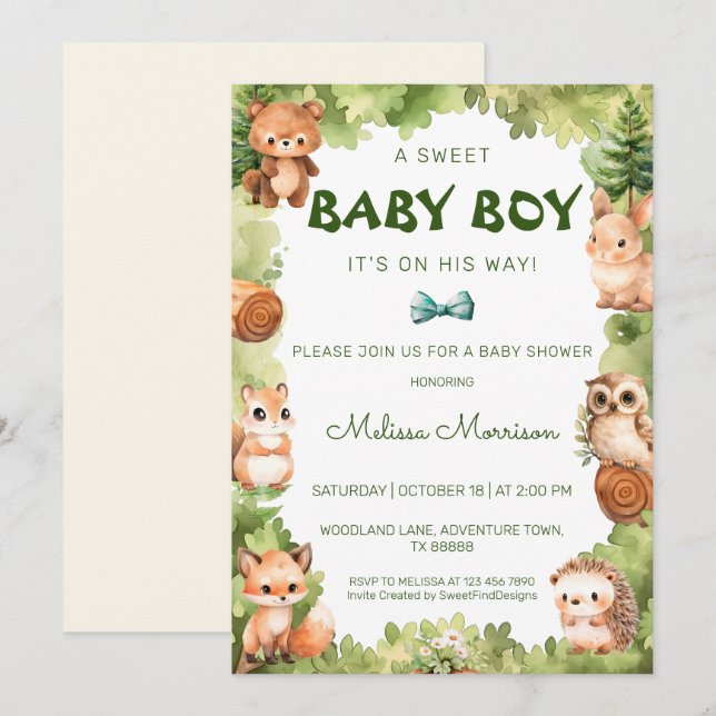 Invitación Bosque de animales salvajes Baby Boy Shower (Anverso / Reverso)