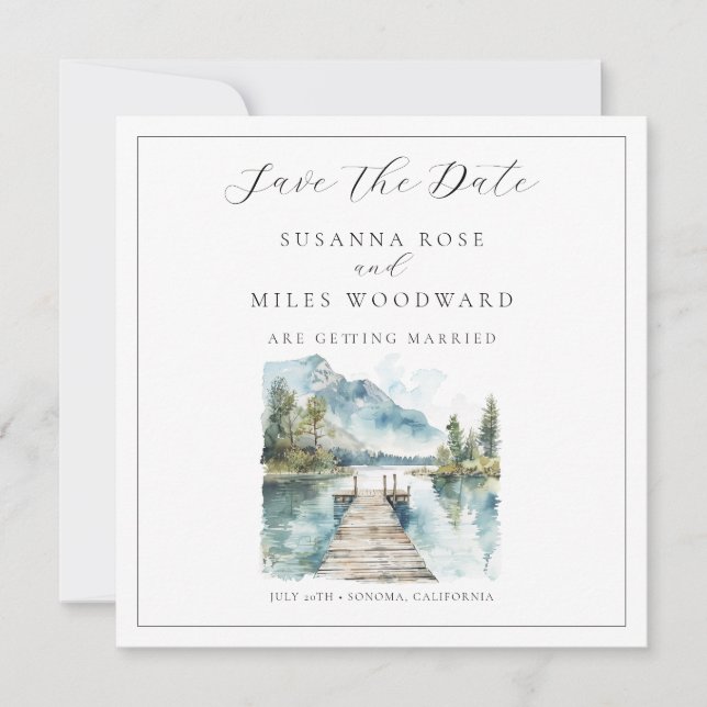 Invitación Bosque de árboles de acuarela del lago de montaña  (Anverso)