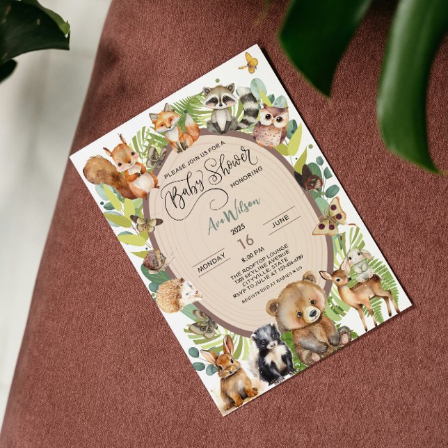 Invitación Bosque de bosques de bosques Baby Shower vegetació (safari baby animal baby shower jungle african wood land forest nature theme )