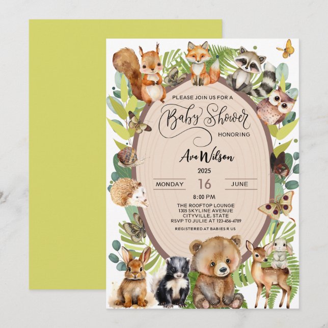 Invitación Bosque de bosques de bosques Baby Shower vegetació (Anverso / Reverso)