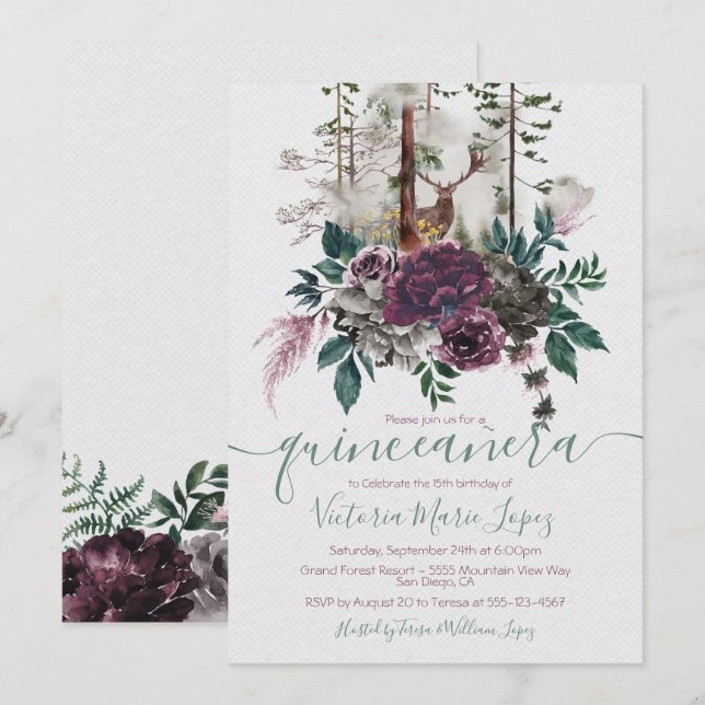 Invitación Bosque de bosques Quinceañera 15º cumpleaños (Anverso / Reverso)