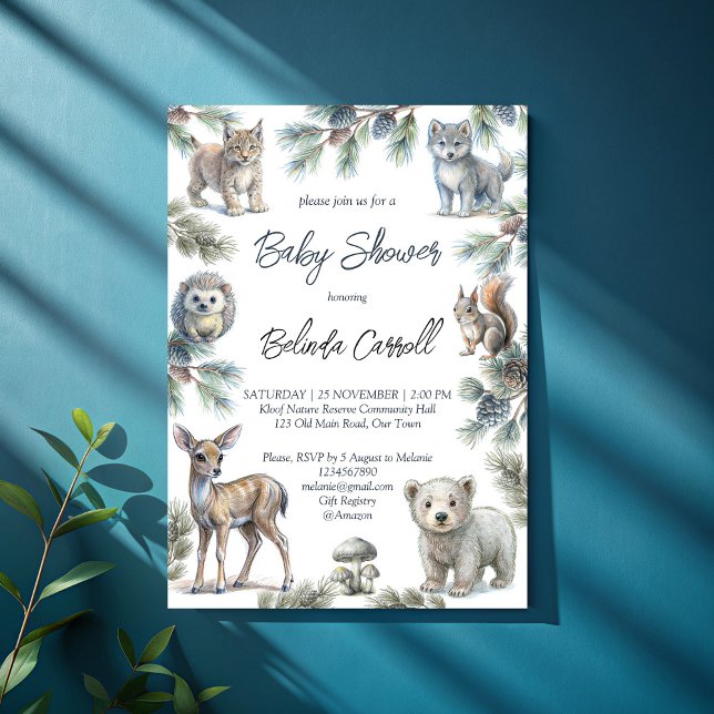 Invitación Bosque de bosques tierno animales bebé duchados (Woodlands forest cute baby animals baby shower invitation template neutral gender pastel  forest)