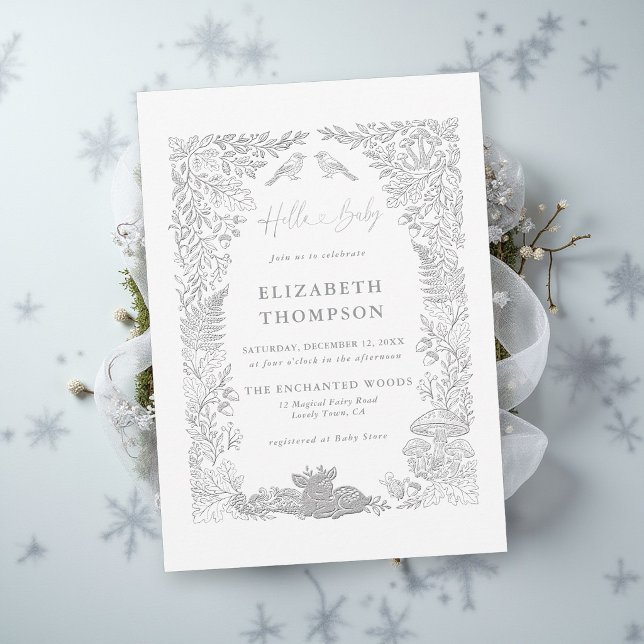 Invitación Bosque de cuentos de invierno Bienvenida Fiesta de (winter baby shower invitation woodland deer birds enchanted forest mushrooms ferns fairytale story)