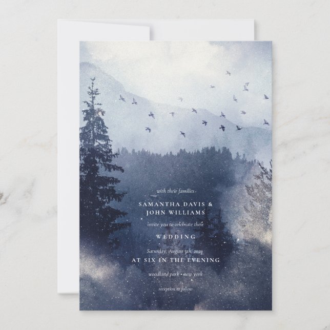 Invitación Bosque de escarcha de nieve azul moderno con Boda  (Anverso)