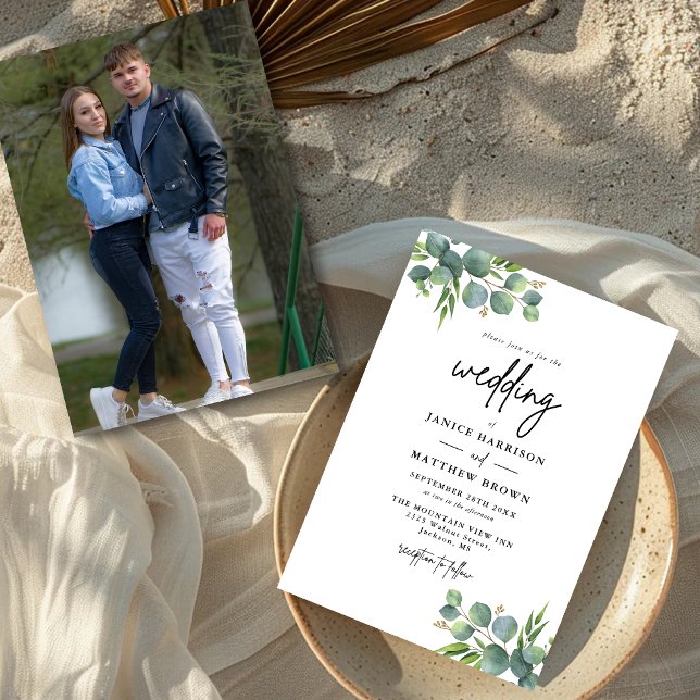 Invitación Bosque de eucalipto salvia Foto boda (Sage eucalyptus photo invitation adds woodland charm and beautifully shares your love story.)