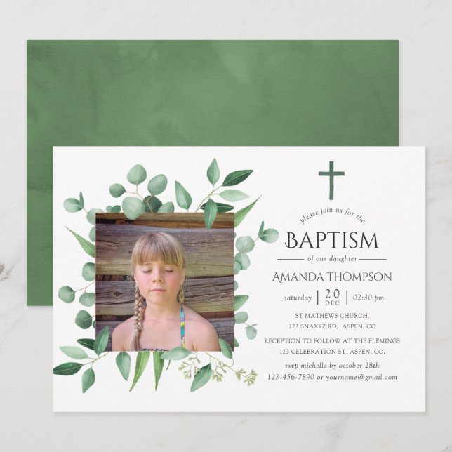 Invitación Bosque de eucaliptos Verde Bautizo o Bautismo (Anverso / Reverso)