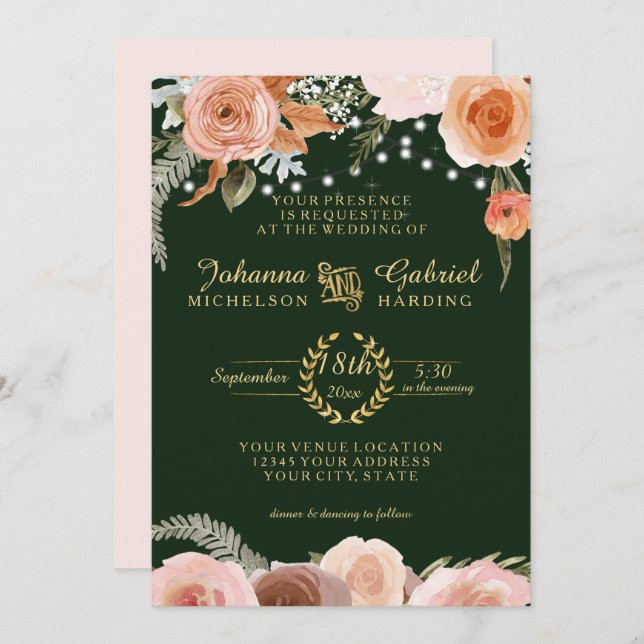 Invitación Bosque de follaje floral Rubor Peach Floral Twinkl (Anverso / Reverso)