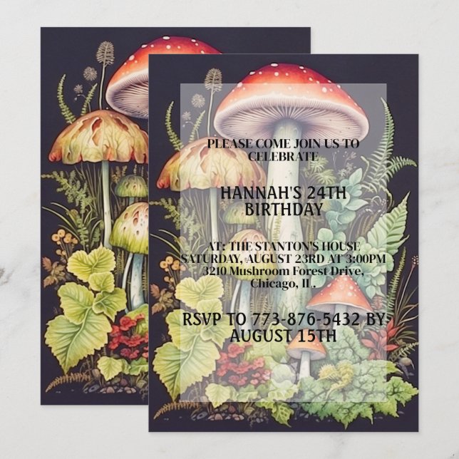 Invitación Bosque de Hongos Artísticos Fiesta de Cumpleaños E (Anverso / Reverso)