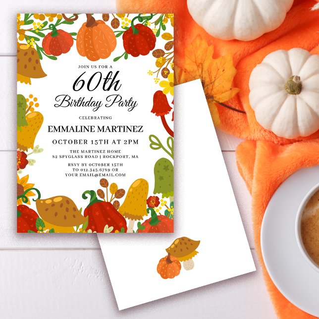 Invitación Bosque de hongos de calabaza otoño 60 cumpleaños (Need matching pumpkin and mushroom fall party supplies? Message me!)
