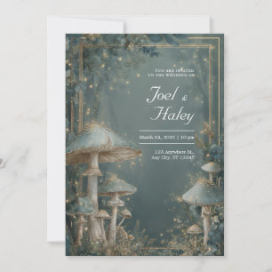 Invitación Bosque de Hongos Gris Azul Etéreo Luz Dorada