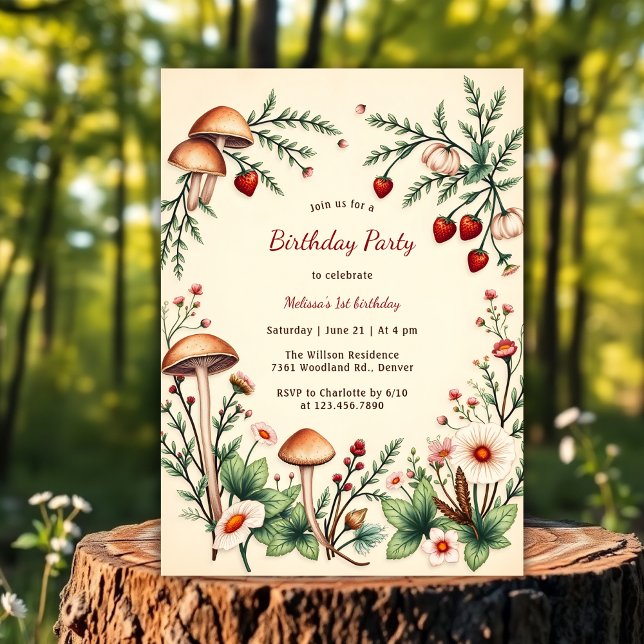 Invitación Bosque de Hongos Silvestres de Bayas Rústicas Cump (Rustic Berry Nature Mushroom Woodland 1st Birthday Invitation)