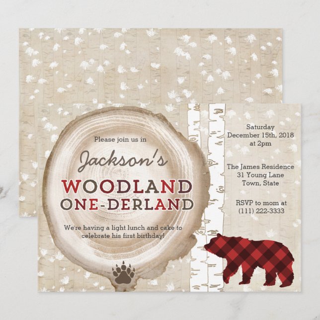 Invitación Bosque de Invierno Búfalo Plaid Bear Cub Primer Cu (Anverso / Reverso)