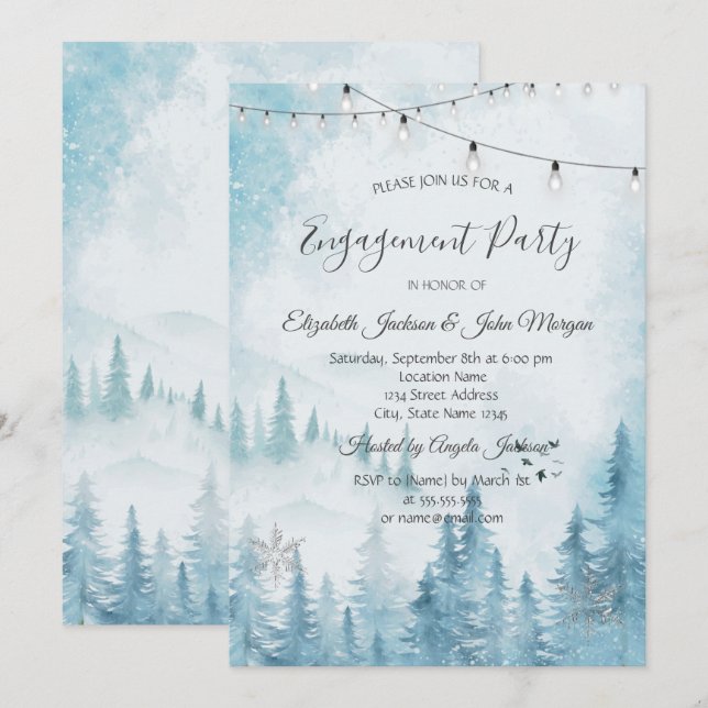 Invitación Bosque de Invierno, compromiso de luces de cadena (Anverso / Reverso)
