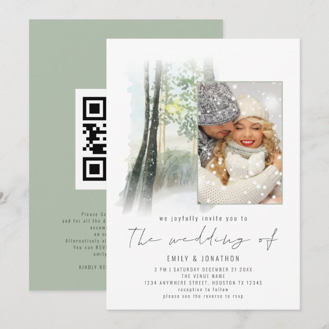 Invitación Bosque de Invierno Foto Código QR Bodas Sage (Anverso / Reverso)