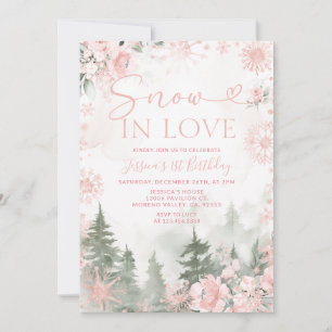 Invitación Bosque de Invierno Nieve Rosa En Amor Navidad Cump