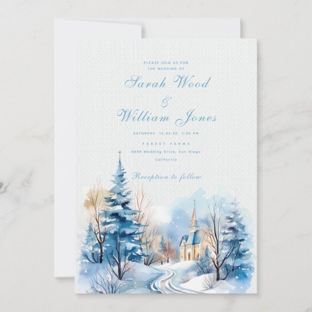 Invitación Bosque de invierno romántico y Boda de iglesia (Anverso)