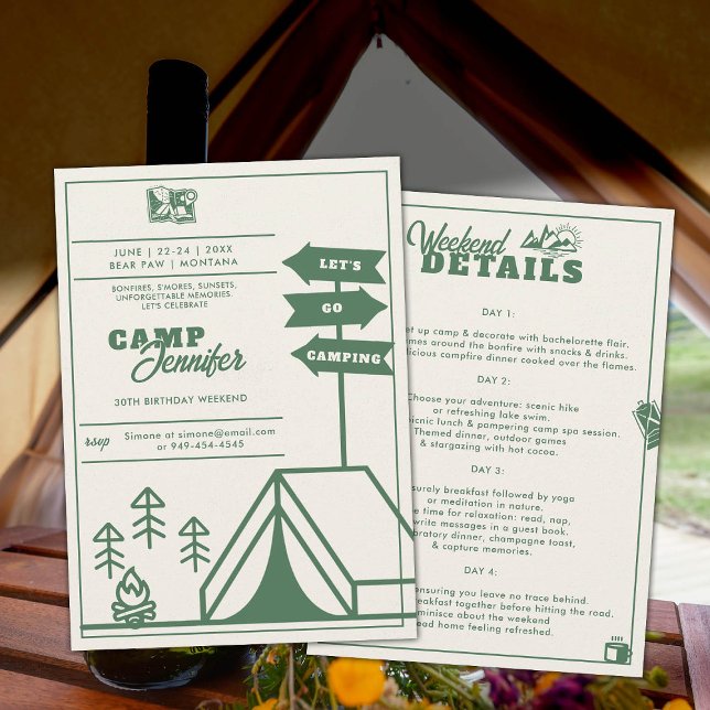 Invitación Bosque de los Montes de Camping 30 cumpleaños Itin (camping 30th birthday weekend itinerary modern minimalist camp mountains forest)