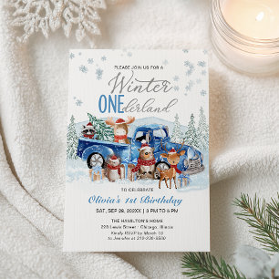 Invitación Bosque de madera Camión Azul ONEderland 1er Cumple