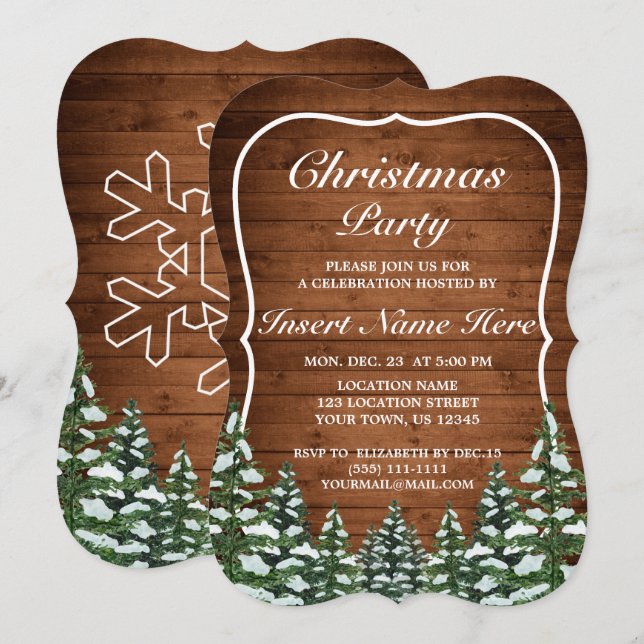 Invitación Bosque de Madera de Nieve Pine Rural Fiesta de Nav (Anverso / Reverso)