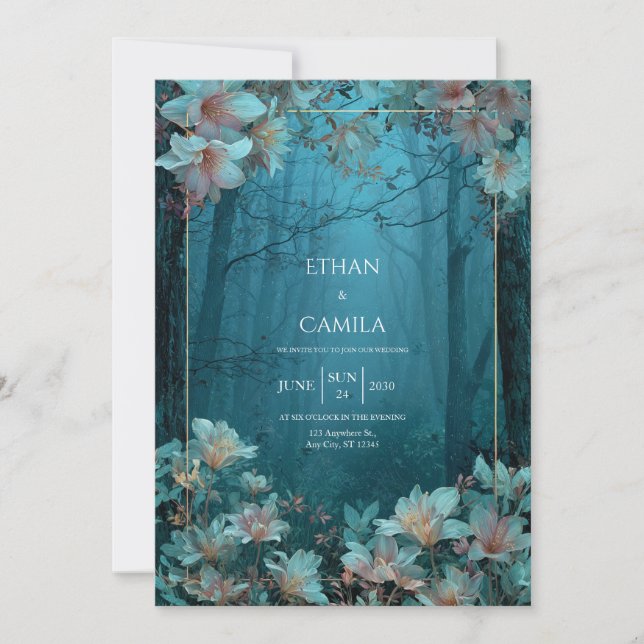 Invitación Bosque de Marco Dorado Floral Turquesa Crepuscular (Anverso)