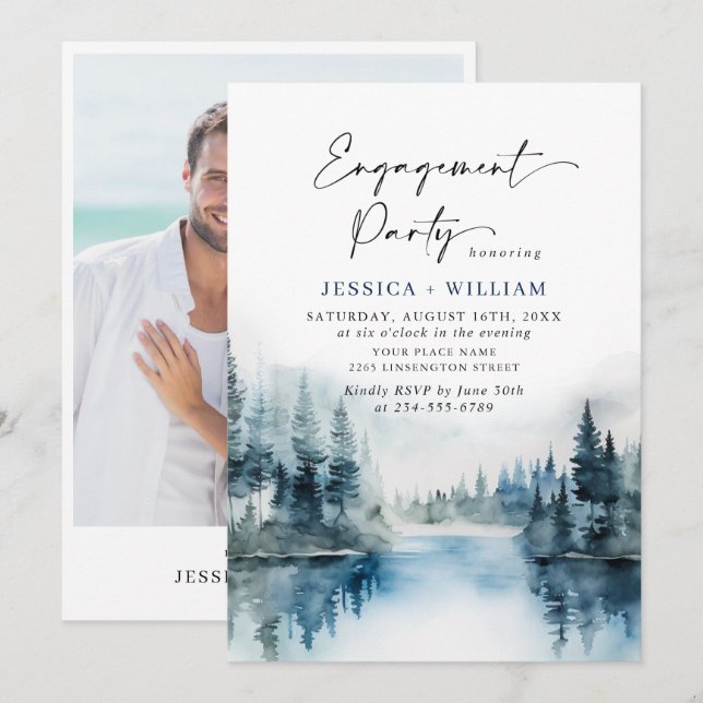 Invitación Bosque de Montañas Elegantes Foto de Fiesta de Com (Anverso / Reverso)