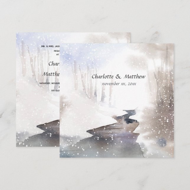 Invitación Bosque de nieve - Boda de invierno otoño (Anverso / Reverso)