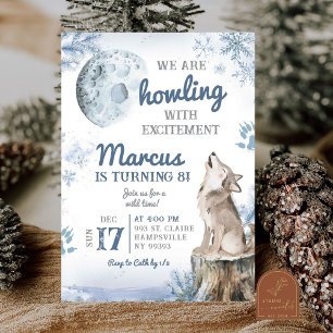 Invitación Bosque de nieve de invierno Lobo aullando Cumpleañ
