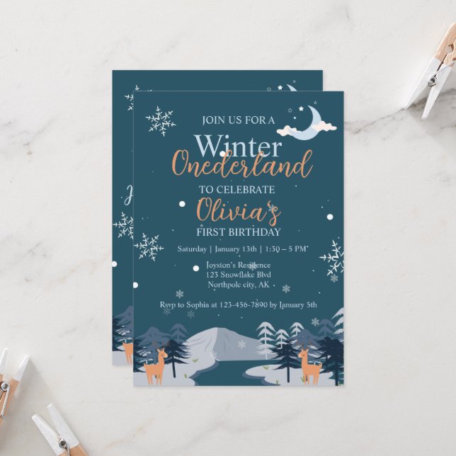 Invitación Bosque de nieve de primer cumpleaños de Onederland (Anverso/Reverso In Situ)