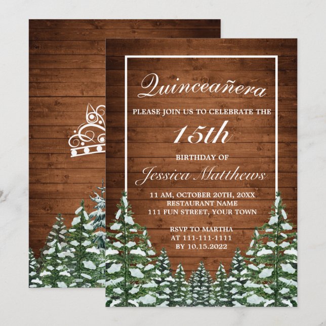 Invitación Bosque de Nieve y Pino Rural Tiara Quinceañera (Anverso / Reverso)
