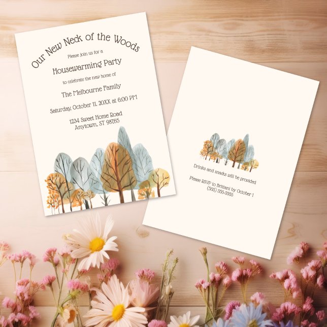 Invitación Bosque de otoño nuevo cuello de los bosques calent (Autumn Forest New Neck of the Woods Housewarming Invitation
)