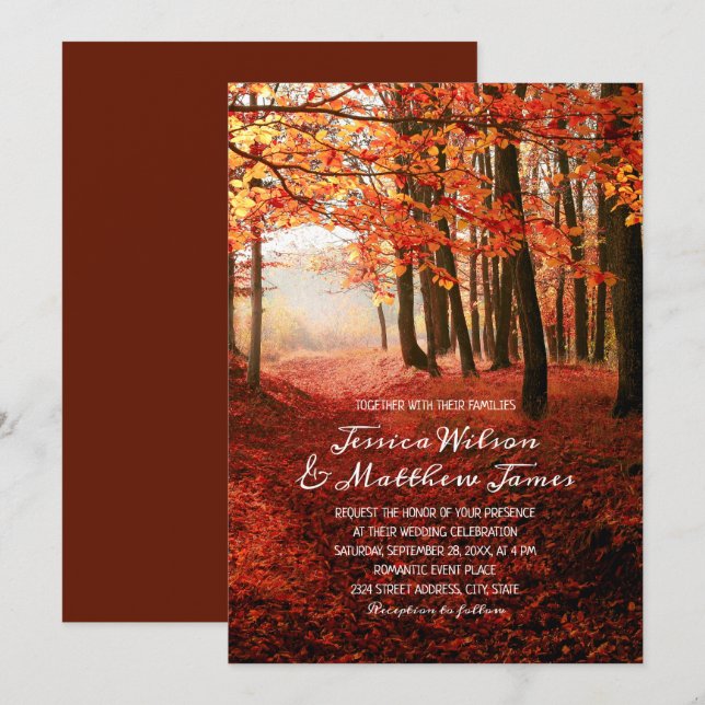 Invitación Bosque de otoño rústico Borgoña Boda de campo otoñ (Anverso / Reverso)