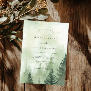 Invitación Bosque de Pino Rústico Acuarela de Boda  