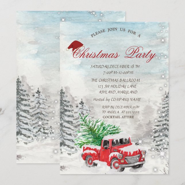 Invitación Bosque de Pinos Camión Rojo Navidad (Anverso / Reverso)