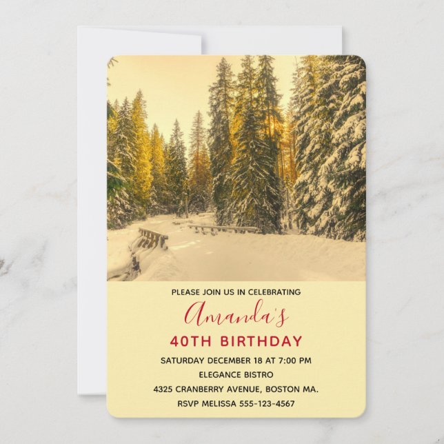 Invitación Bosque de pinos cubiertos de nieve Foto de cumplea (Anverso)