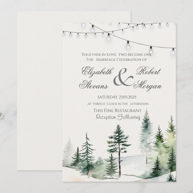 Invitación Bosque de pinos, luces de cadena para boda (Anverso / Reverso)