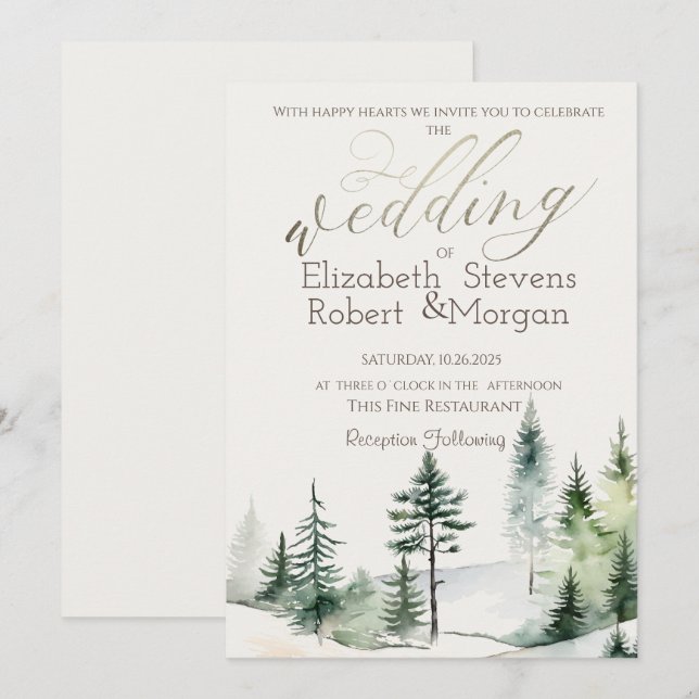 Invitación Bosque de pinos, luces de cadena para boda (Anverso / Reverso)