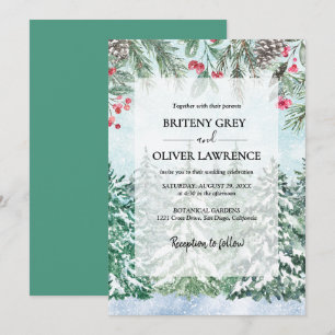 Invitación Bosque de Pinos Nevados Acuarela Tema Boda