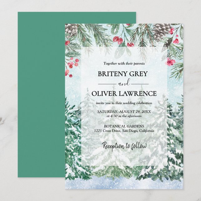 Invitación Bosque de Pinos Nevados Acuarela Tema Boda (Anverso / Reverso)